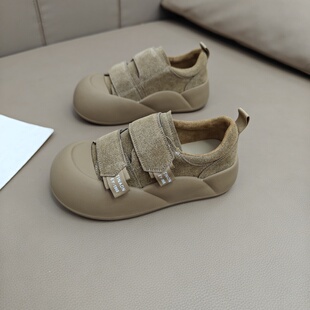 魔术贴真皮大头面包鞋女2025新款圆头厚底丑萌鞋学生松糕加绒板鞋