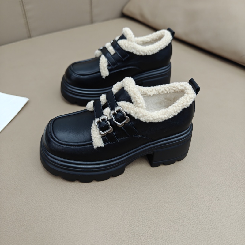 加绒乐福鞋真皮小皮鞋雪地靴粗跟