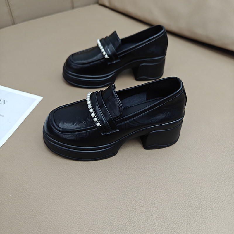 增高厚底珍珠乐福鞋女2025新款粗跟一脚蹬黑色JK小皮鞋英伦风单鞋