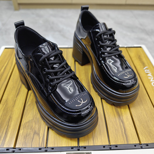 8cm厚底系带jk单鞋漆皮小皮鞋女2026新款轻便日系百搭圆头小皮鞋