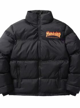 美潮新版火焰刺绣宽松腰果花冬季双面情侣棉服外套王一博同款棉衣