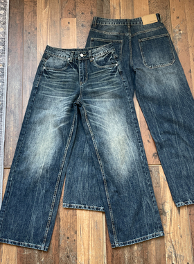 WHOA HA复古水洗做旧猫须直筒牛仔裤男女宽松长裤vintage