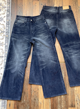 WHOA HA复古水洗做旧猫须直筒A字灯芯绒法工蓝裤男长裤vintage