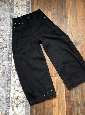 WHOA HA！复古黑色宽松弯刀反腰设计阔腿牛仔裤男女长裤