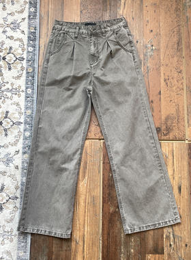 WHOA HA复古水洗做旧灰A字打褶牛仔裤男女宽松直筒阔腿长裤休闲裤