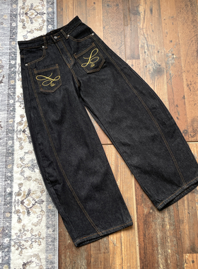 WHOA HA!复古刺绣baggy牛仔裤宽松阔腿弯刀裤长裤原牛