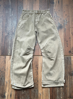 WHOA HA美式复古水洗弯刀baggy绑带卡其色牛仔裤宽松直筒阔腿长裤