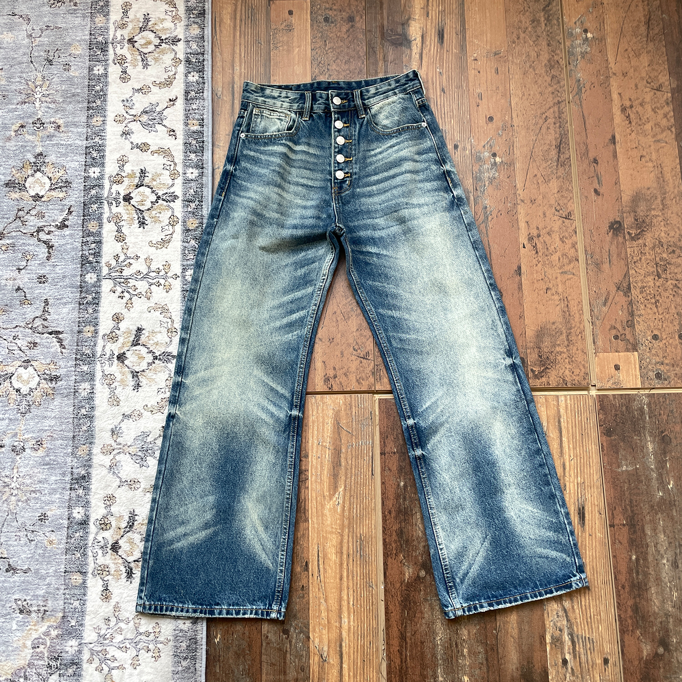 WHOA HA复古排扣水洗做旧猫须牛仔裤男女宽松直筒长裤newvintage