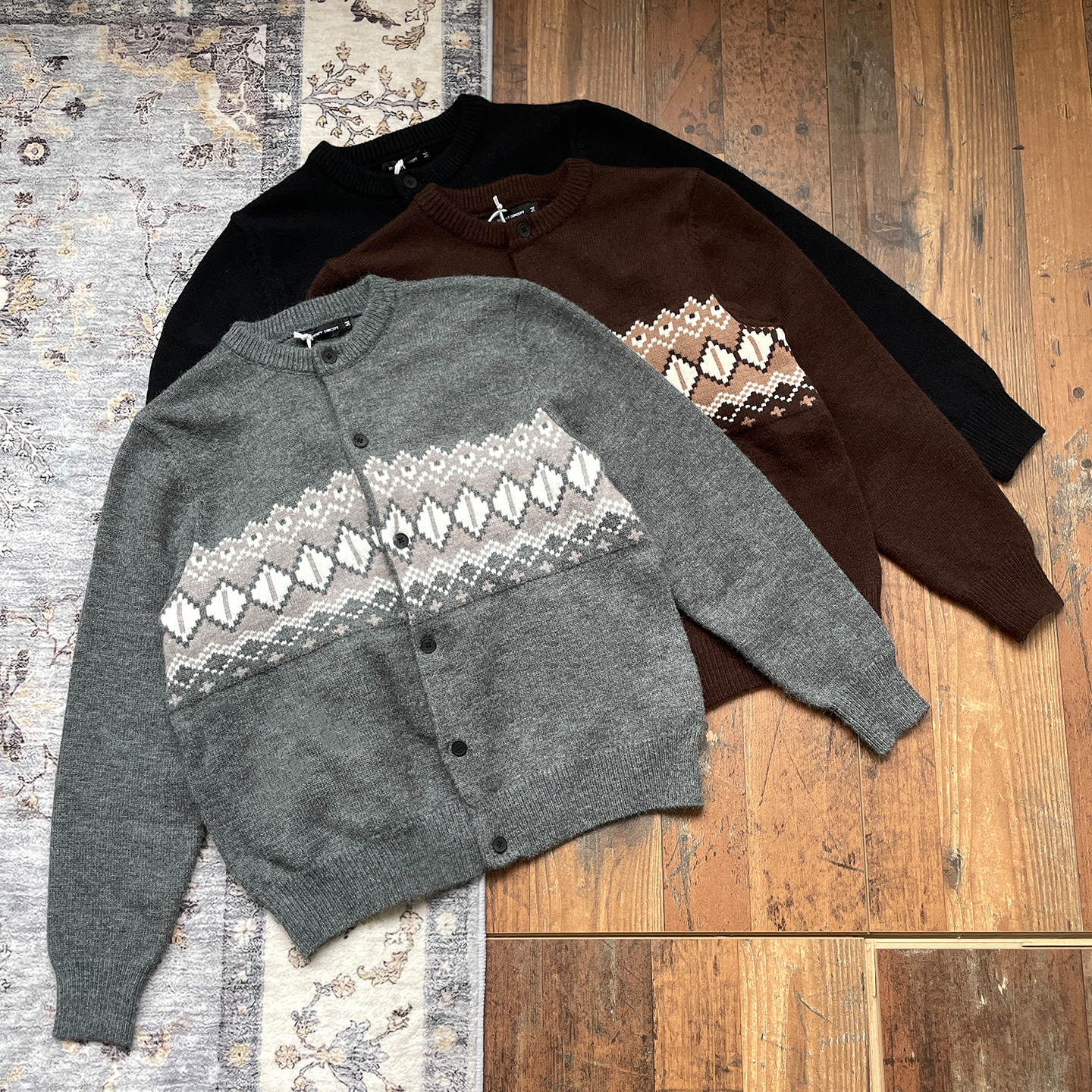 WHOA HA复古撞色提花费尔岛针织开衫毛衣宽松高智风针织衫