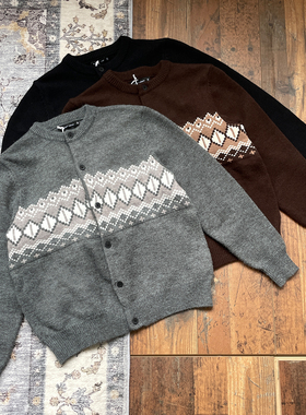 WHOA HA复古撞色提花费尔岛针织开衫毛衣宽松高智风针织衫