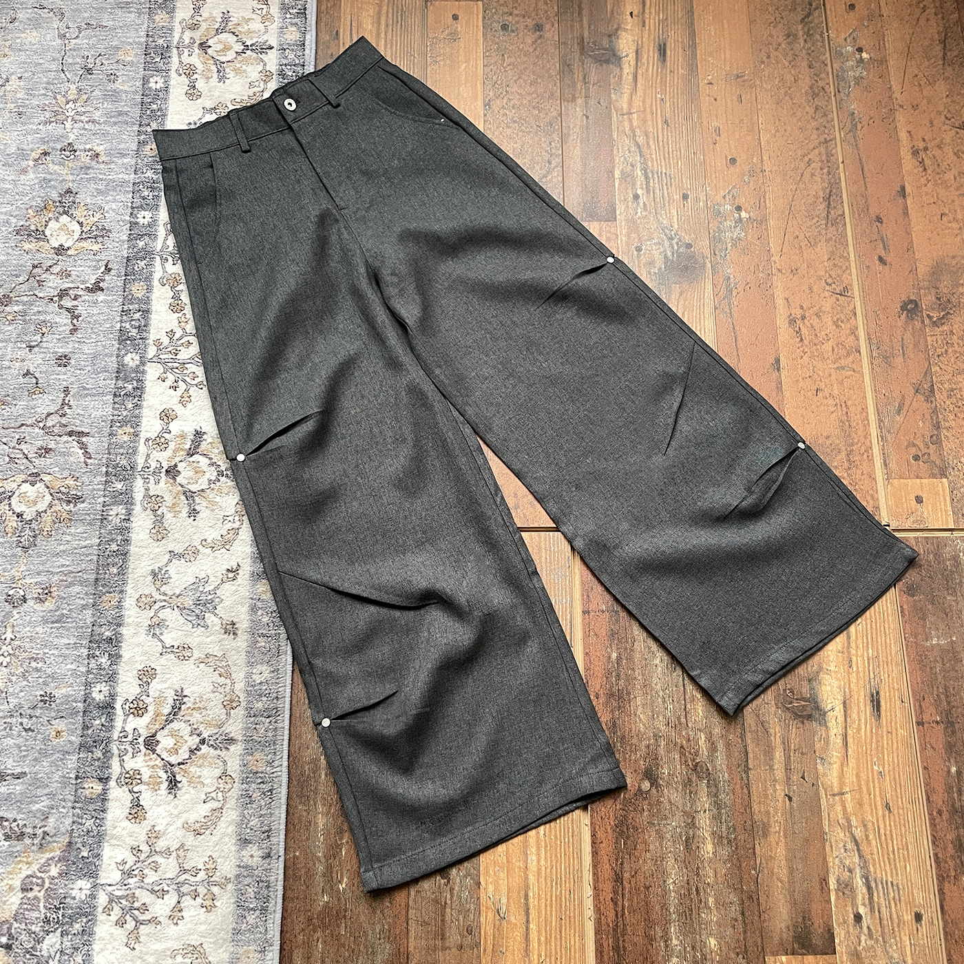 WHOA HA!复古高腰打褶灰色西裤宽松阔腿长裤休闲裤老钱风新贵