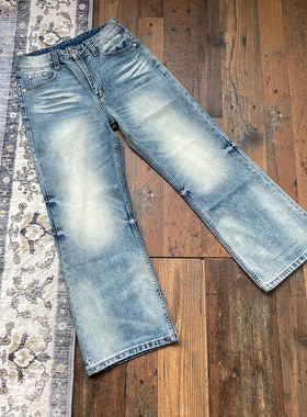 WHOA HA水洗做旧猫须微喇牛仔裤男女cleanfit宽松长裤子