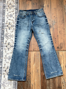 WHOA HA复古水洗做旧微喇牛仔裤男女宽松猫须长裤15盎司/莱赛尔