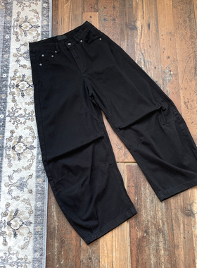 WHOA HA!复古黑色打褶弯刀牛仔裤男女宽松阔腿长裤boxy