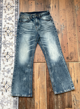 WHOA HA复古做旧微喇牛仔裤男女长裤浅蓝色水洗长裤14盎司/莱赛尔