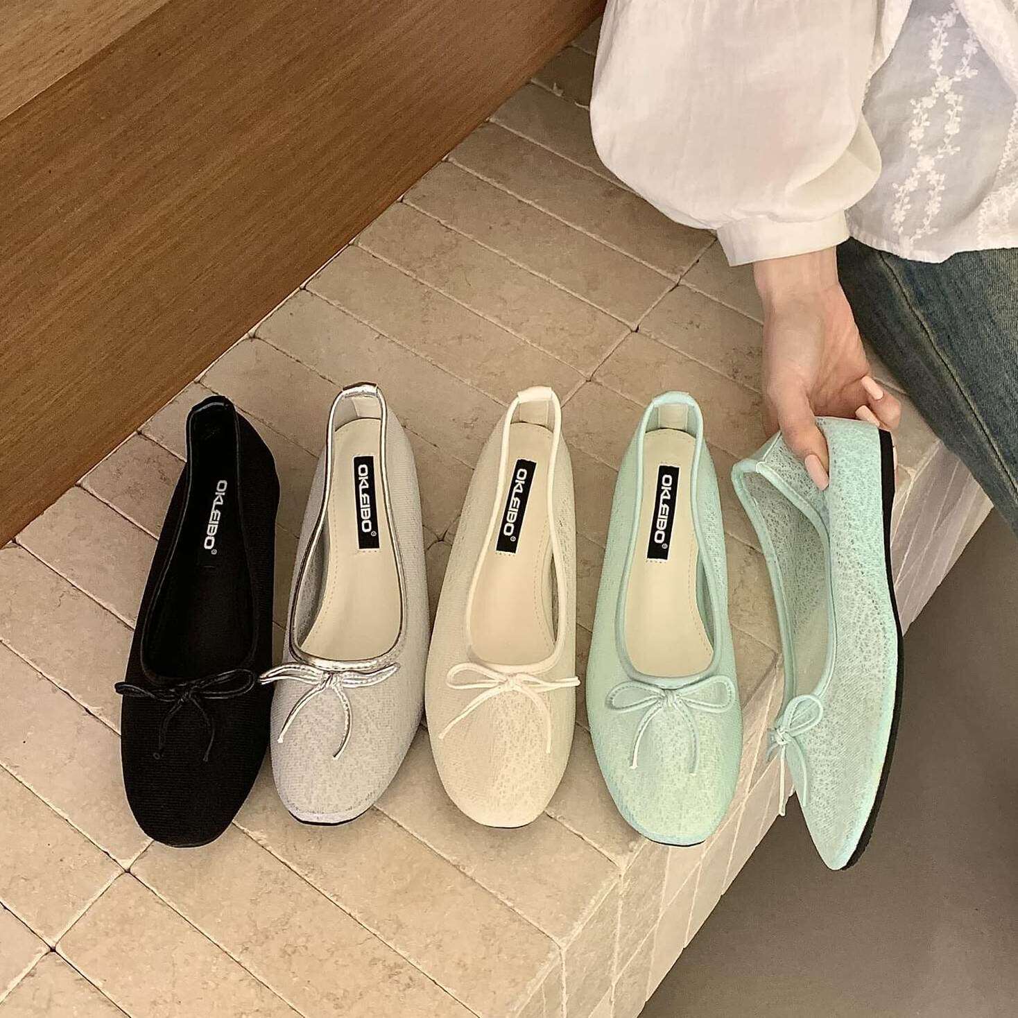 甜美风蝴蝶结浅口单鞋女平底圆头软底百搭芭蕾舞鞋网纱透气奶奶鞋