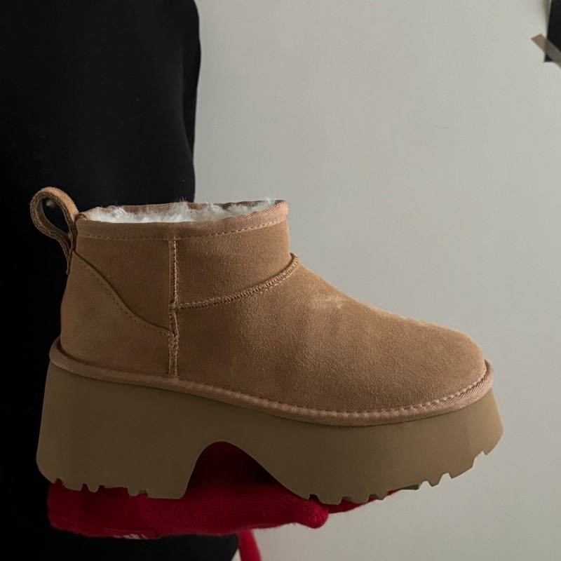 河南桑坡冬季羊皮毛一体雪地靴女士短筒厚底人鱼鞋真皮保暖雪地棉