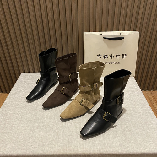 复古方头粗跟西部牛仔靴短筒靴女