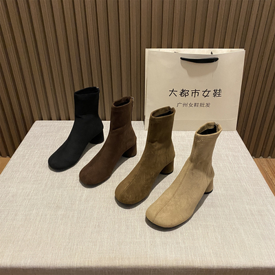 绒面圆头粗跟短靴女后拉链弹力靴