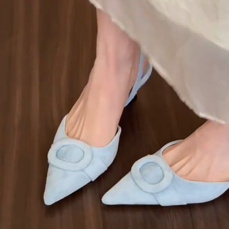 羊皮版！简约风真皮高跟鞋女一脚蹬不累脚包头凉鞋尖头小猫跟单鞋