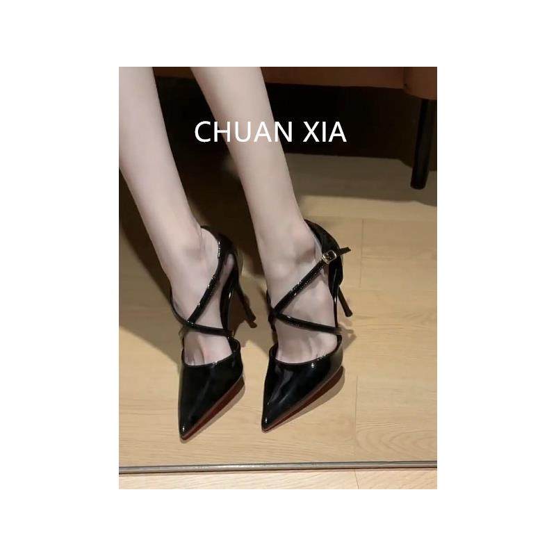 羊皮版~黑色性感交叉带高跟鞋女法式漆皮尖头凉鞋气质御姐风单鞋,女鞋,时装凉鞋,淘宝优惠券,粉丝福利购,淘宝优惠卷