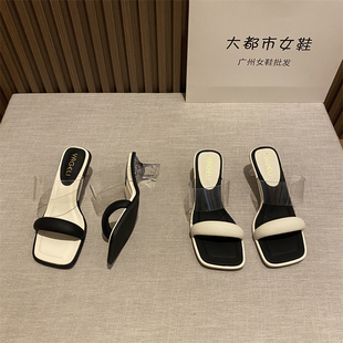 子2023年春夏新款 外穿女鞋 低跟一字带方头气质凉拖 小跟凉拖鞋 法式