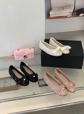 SHIZHUONI 法式甜美风亮片蝴蝶结浅口单鞋女2026年新款平底仙女鞋