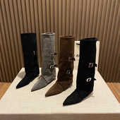 侧拉链裤 欧货设计师款 高筒靴女绒面时尚 管靴尖头气质不过膝长筒靴