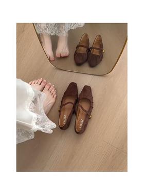 羊皮版~韩版褶皱方头单鞋女内增高绒面玛丽珍鞋真皮配裙子奶奶鞋