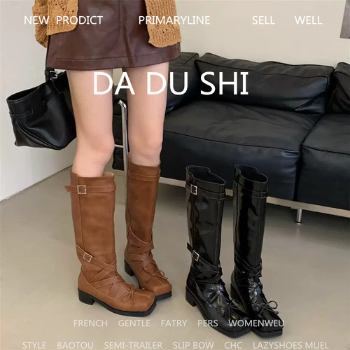芭蕾方头粗跟高筒骑士靴女不过膝