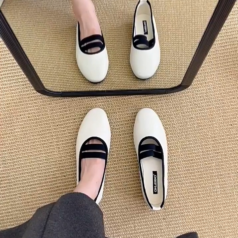 羊皮版~简约风平底玛丽珍鞋女圆头一脚蹬单鞋通勤浅口松紧带瓢鞋