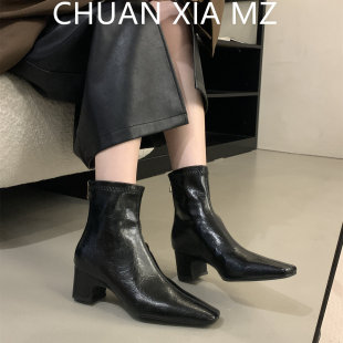 羊皮版~时装靴欧美春秋短靴女靴尖头日常通勤方头黑色亮片秋冬