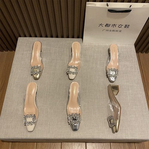 法式水钻方扣透明尖头平底拖鞋女
