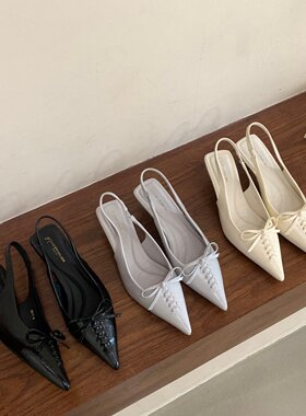 FengLiDa 法式温柔风蝴蝶结尖头包头凉鞋女细跟後绊带气质高跟鞋