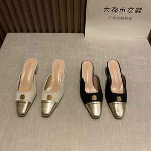 外穿配裙子仙女百搭中粗跟穆勒鞋 新款 山茶花2024年夏季 包头半拖鞋