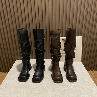 2025秋冬新款 骑士靴长筒女靴两穿美拉德靴子英伦粗跟褶皱堆堆长靴