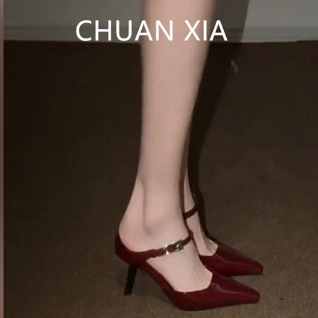 羊皮版~御姐风红色漆皮凉鞋女真皮一字带细跟单鞋法式气质高跟鞋