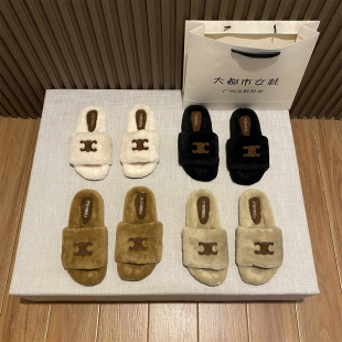 2025秋冬新款毛毛拖鞋女外穿厚底一字拖鞋凯旋门毛绒绒保暖棉拖鞋