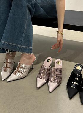 GUOLI 金属皮带扣朋克风尖头包头拖女2026春季新款外穿细跟穆勤鞋