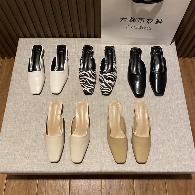 ins包头半拖鞋女2024春夏款方头浅口斑马纹低跟网红懒人凉拖鞋女