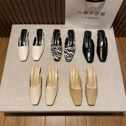 斑马纹低跟网红懒人凉拖鞋女