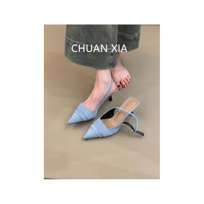 羊皮版！优雅尖头绒面高跟鞋女韩系小香风细跟单鞋后绊带包头凉鞋,女鞋,时装凉鞋,淘宝优惠券,粉丝福利购,淘宝优惠卷