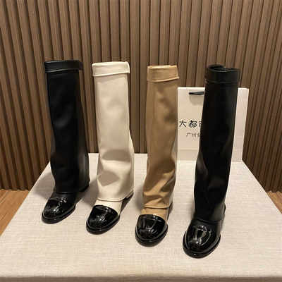拼色圆头粗跟高筒裤管靴显瘦百搭