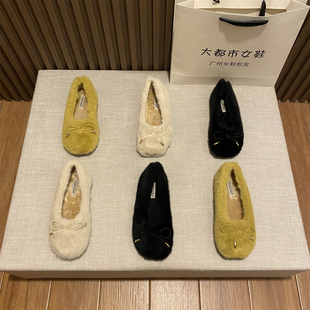法式仙女风蝴蝶结一脚蹬毛毛鞋女外穿秋冬新款加绒豆豆鞋保暖棉鞋