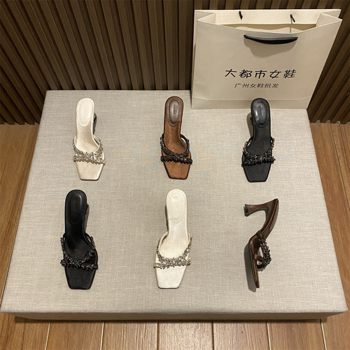 欧美性感绸缎水钻凉拖细跟高跟鞋