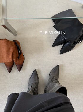 TLE MIKELIN 欧美风尖头骑行靴女夏粗跟高筒靴黑色绒面套筒时装靴