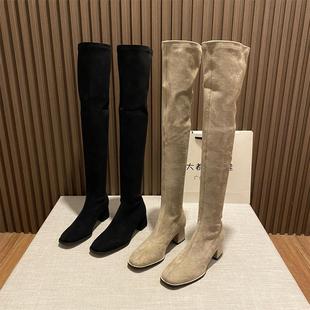 2024秋新款绒面过膝长靴欧美圆头粗跟显瘦弹力靴性感堆堆靴骑士靴