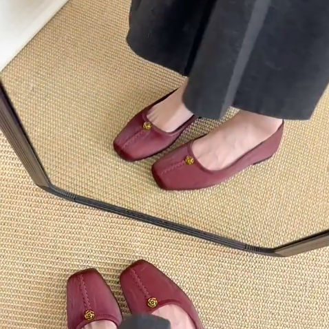 羊皮版~复古红色山茶花单鞋女法式真皮平底玛丽珍鞋通勤百搭瓢鞋,女鞋,浅口单鞋,淘宝优惠券,粉丝福利购,淘宝优惠卷