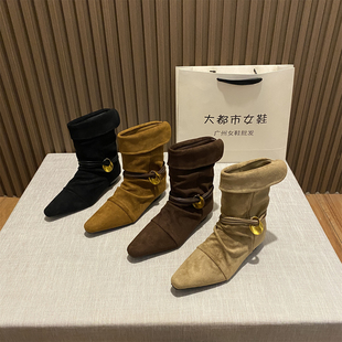 复古尖头绒面低跟褶皱中筒靴子女2025新款 靴西部女靴 百搭两穿时装