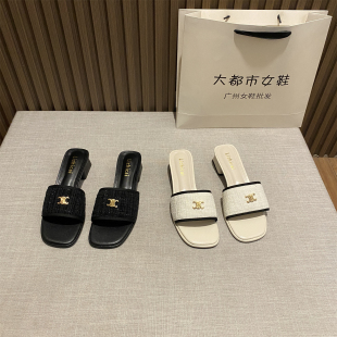 2025年夏季新款凯旋门金属扣时尚一字拖外穿粗跟凉拖鞋小香风气质